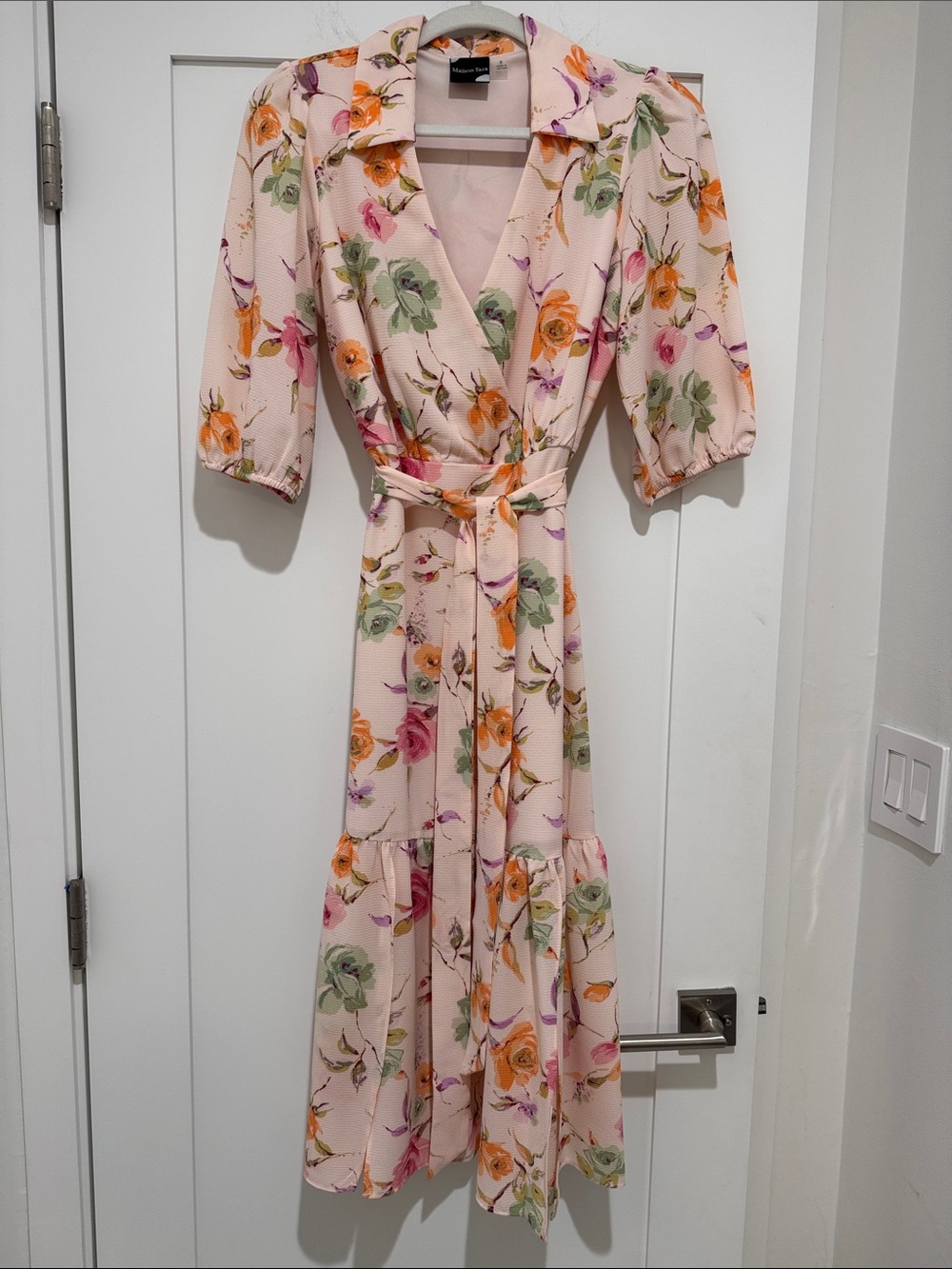 Maison Tara Belted Floral Wrap Midi Dress in Blush Pink